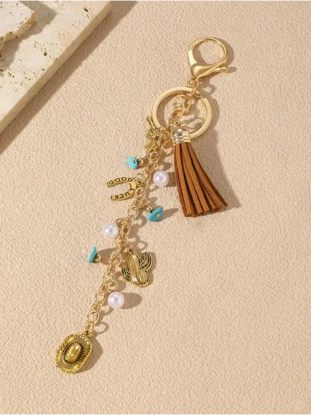 Western Bag Charm Tassel & Charm Keychain Bag Charm in Brown and Gold